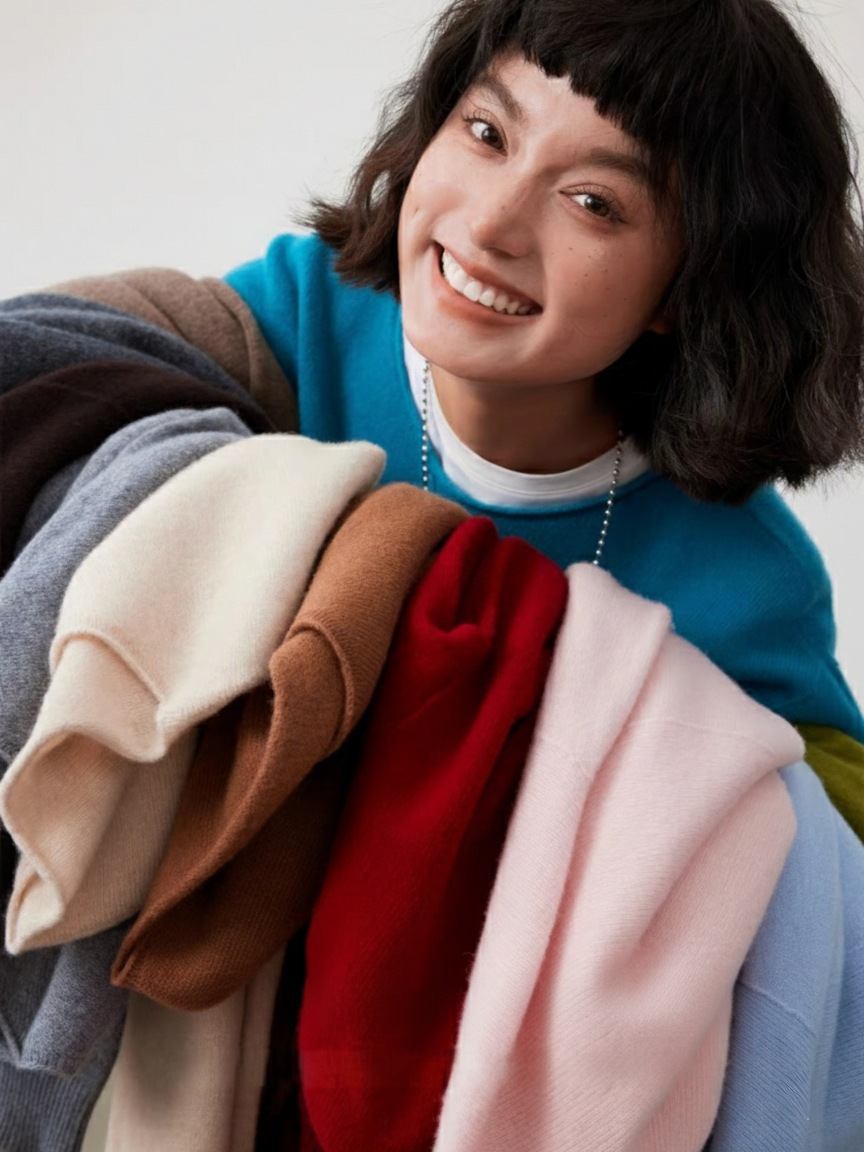 Cashmere woolen knitted solid sweater with a round collar