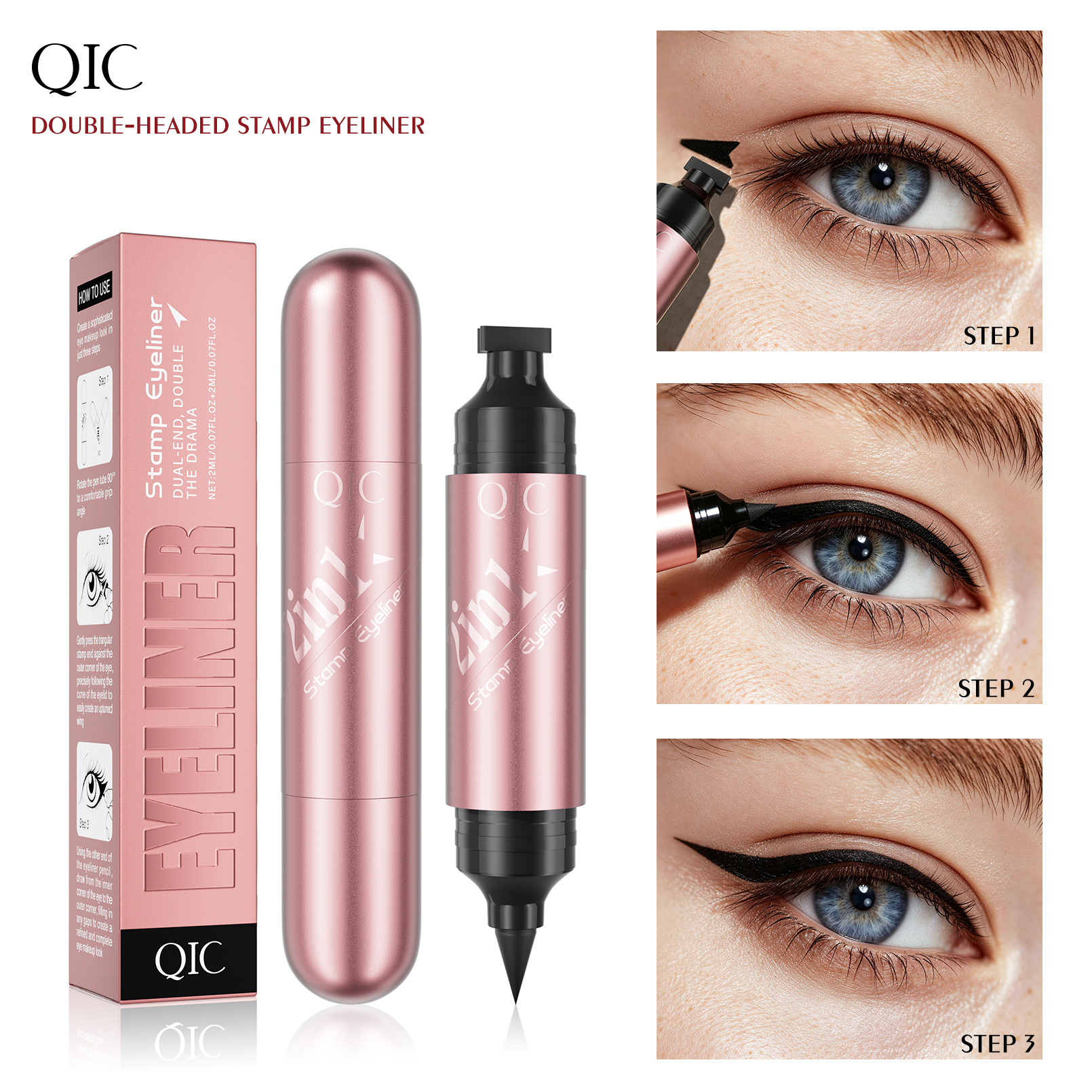 Qic Double-Ended Stamp Eyeliner Pen Waterproof Sweat-Proof Non-Smudge Winged Eye Stamp Pen Integrated Rotating Eyeliner