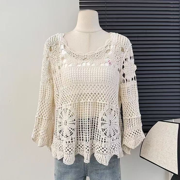 Designed with Hollow-Out Crochet Bell Sleeves, Women's Autumn New Stylish Loose-Fitting Slimming Knit Top Designed with Hollow-Out Crochet Bell Sleeves, Women's Autumn New Stylish Loose-Fitting Slimming Knit Top