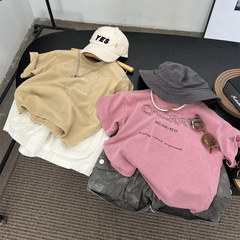 夏季兒童美式做舊破洞刺繡短袖T恤男童女童洋氣炒色磨白勾破半袖t