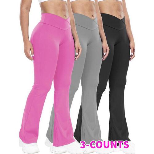 N 822 O5947 Women's New Sports Pants Solid Color Waist Cincher Bell Bottom Pants