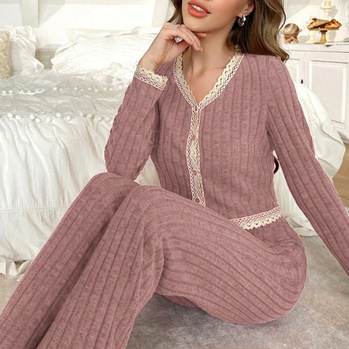 Women's Cropped Pajamas - Lace Trim Top & Pants Set, Stylish Home Wear_voghion.com