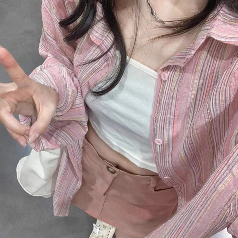 ピンクのストライプのシャツの女性の夏の薄い金の2024の新型の日焼け止めのカーディガンのシャツのコートのデザイン感の小さい大衆の上着|undefined
