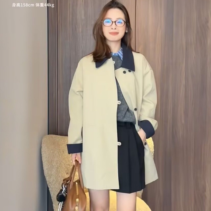 2025春季新款宽松显瘦小个子大衣卡其色韩版拼接中长款风衣外套女|undefined