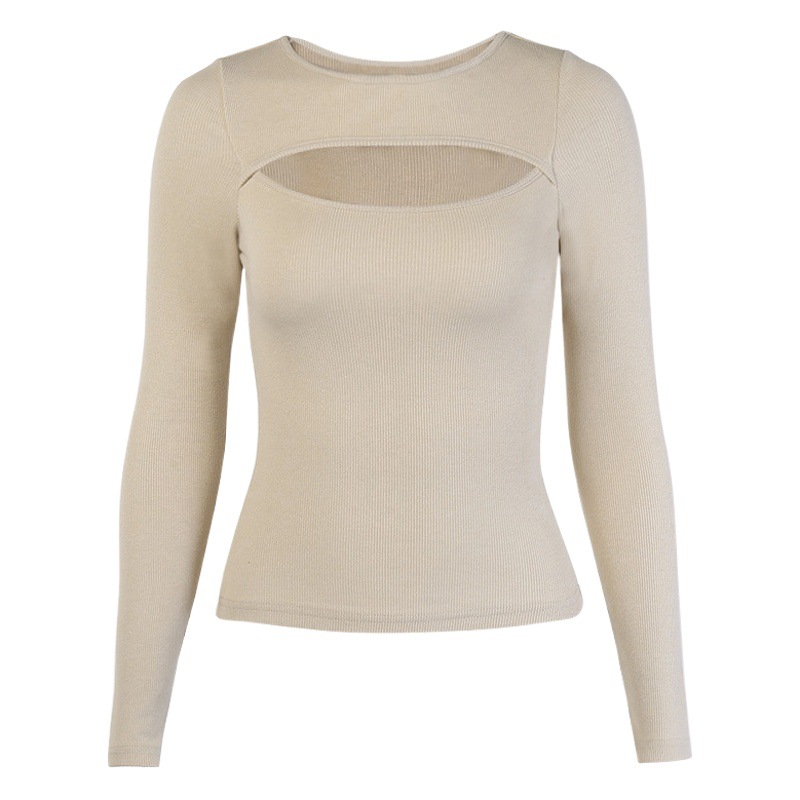Ropa de Mujer Estilo Europeo y Americano de Amazon, Otoño-Invierno 2025, Nuevo Estilo, Top de Manga Larga Calado, Camiseta Elástica Ajustada Sexy para Mujer, Popular en Internet