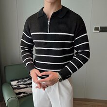 设计感半拉链条纹毛衣男秋冬季休闲长袖针织衫男生修身翻领线黑色