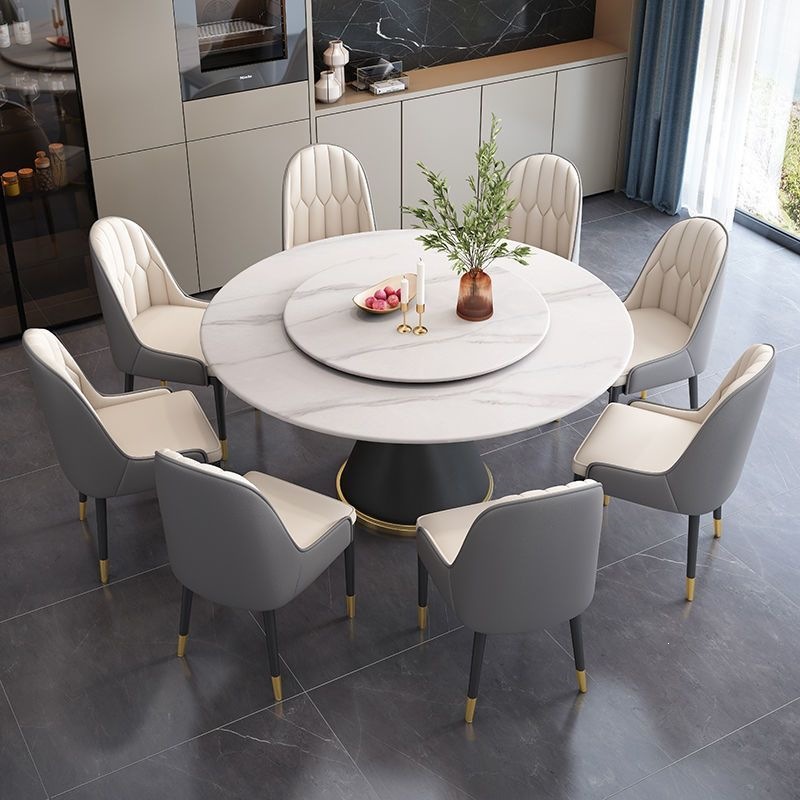 Italian-Style Slate Dining Table and Chair Set, Round Table Combination, Modern Minimalist Light Luxury for Small Apartments, Round Household Turntable, Others