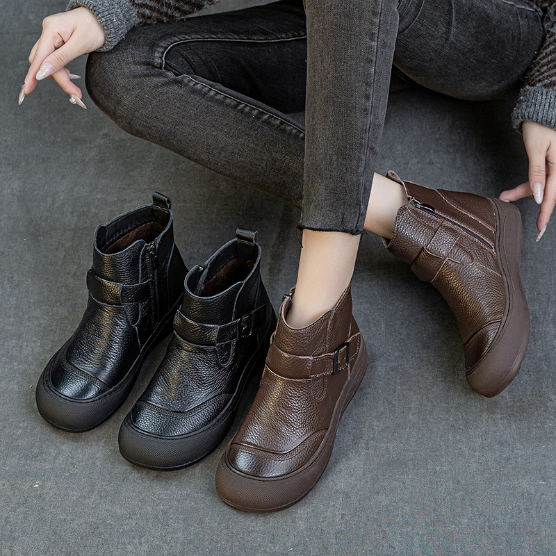 First-Layer Cowhide Autumn and Winter New Birkenstock Women's Short Boots Flat Heel Soft Sole Loose and Comfortable Middle-Aged and Elderly Non-Slip Boots