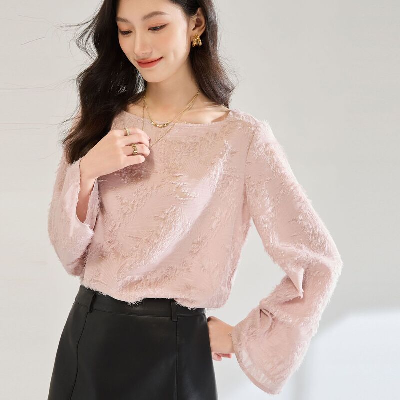 26 Spring New Pink Sweet Chiffon Blouse with Cutout Fringe Off-Shoulder Short Top Shirt for Women 22655