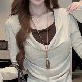 荡领设计感假两件秋季新款美拉德色简约图片色其它肩带款常规波浪