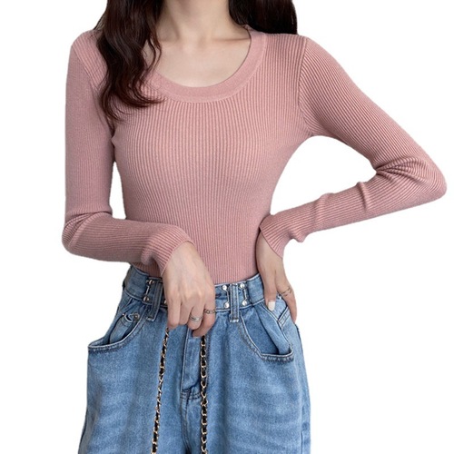 Women's bottoming shirts for spring, low-neck round neck, versatile sweaters for spring and autumn, thin long-sleeved knitted tops for autumn