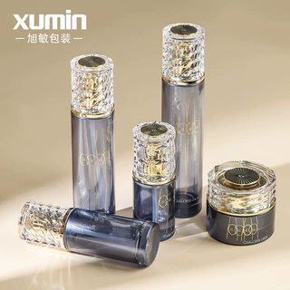 定制透色玻璃套装瓶电镀泵头压泵瓶透明全罩乳液瓶金色顶片膏霜瓶