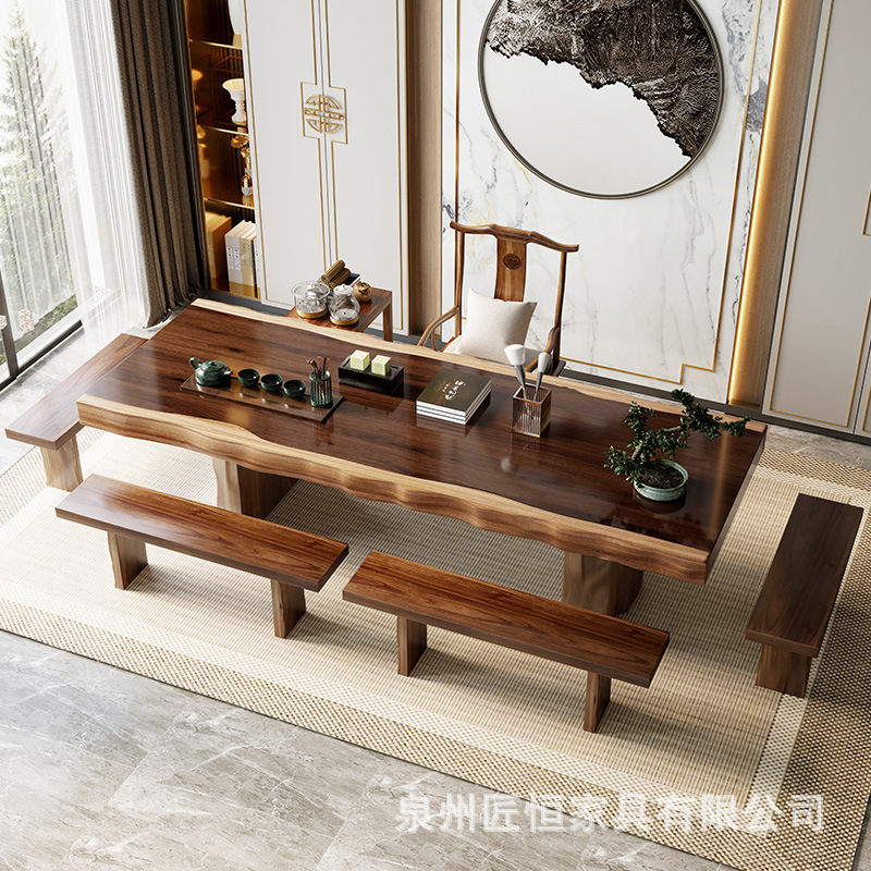 新中国式自然辺大板実木茶卓セット原木不規則茶台オフィス泡茶テーブル椅子|undefined