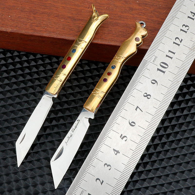 不锈钢水果小刀迷你折叠刀铜柄野营随身携带小刀钥匙扣拆快递刀