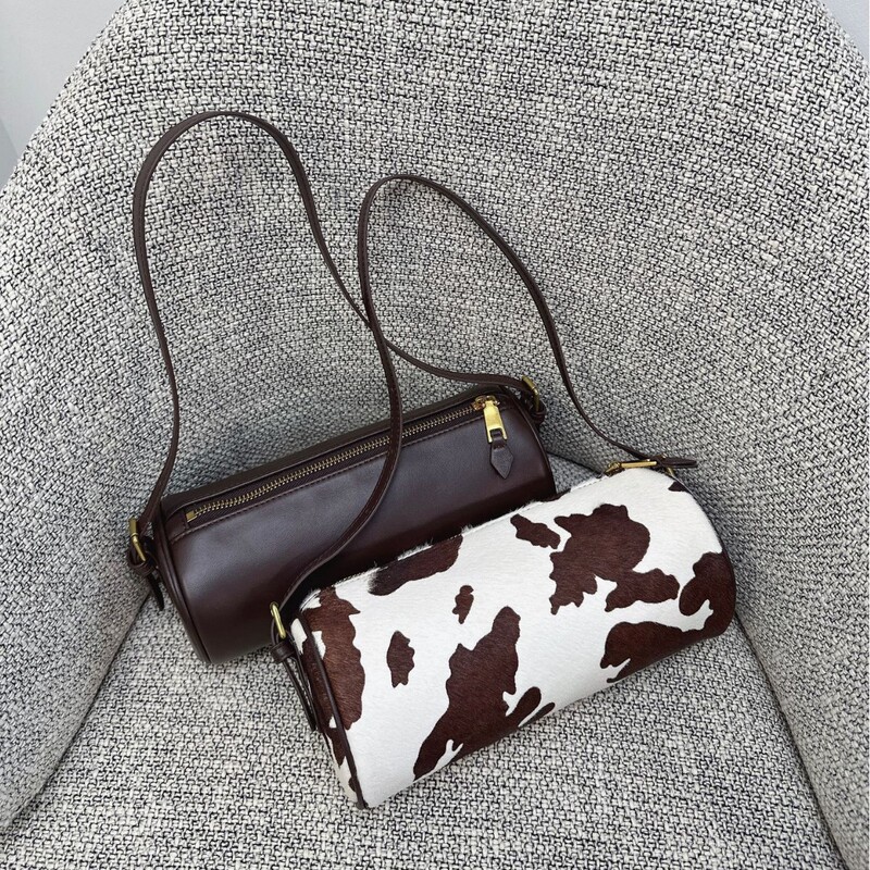 Niche Design Cow Pattern Horsehair Cylinder Bag, Pen Holder Bag, High-End Genuine Leather Baguette Bag, Crossbody Shoulder Bag, Underarm Bag