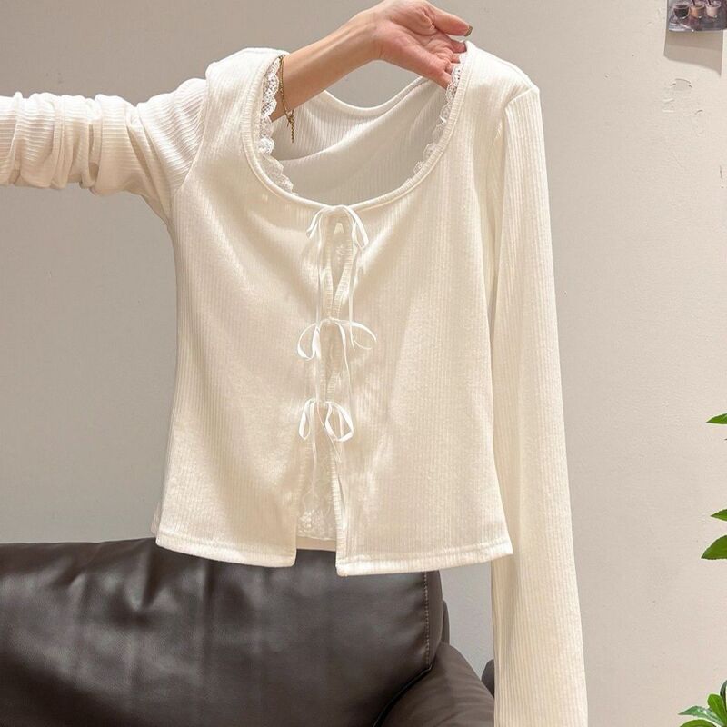 Pure Desire Two-In-One Lace Bow Square Neck Long Sleeve T-Shirt for Women 2026 Autumn Sweet and Spicy Slimming Base Shirt