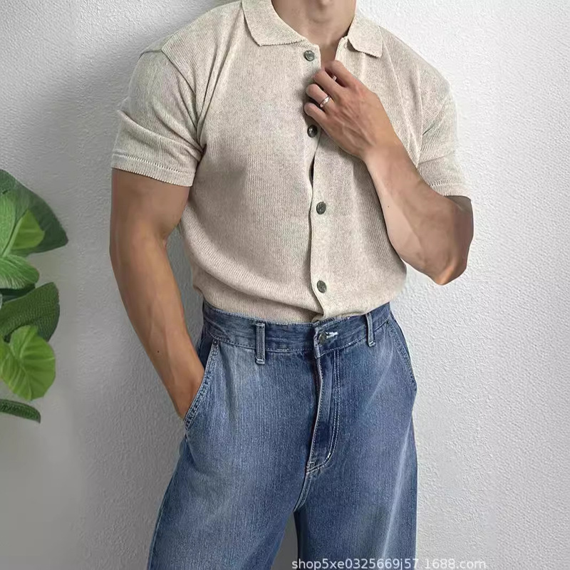 American-style mercerized cotton ice silk shirt muscle men's high-end sense slim-fit stretch short-sleeved knitted cardigan sweater thin coat