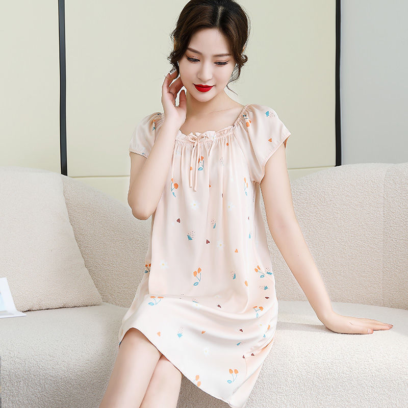 Pajamas for Women, Silk Summer Short-Sleeved Home Clothes, Printed Large Size Doll Skirt, Loose Version, Thin Silk Nightgown