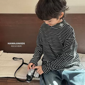 [Haima's Winter New Product Phase 9] Boys' Trendy Fan Striped Fleece Base Shirt Korean Long Sleeve T-shirt