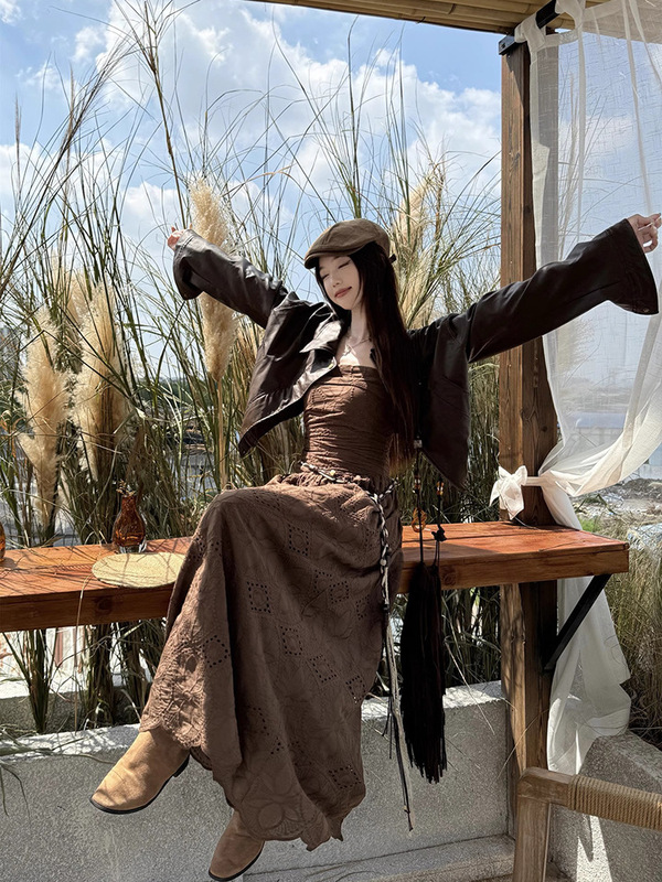 Maillard Suit Lapel Leather Jacket Women's Autumn Inner Tube Top Dress Two-Piece Set