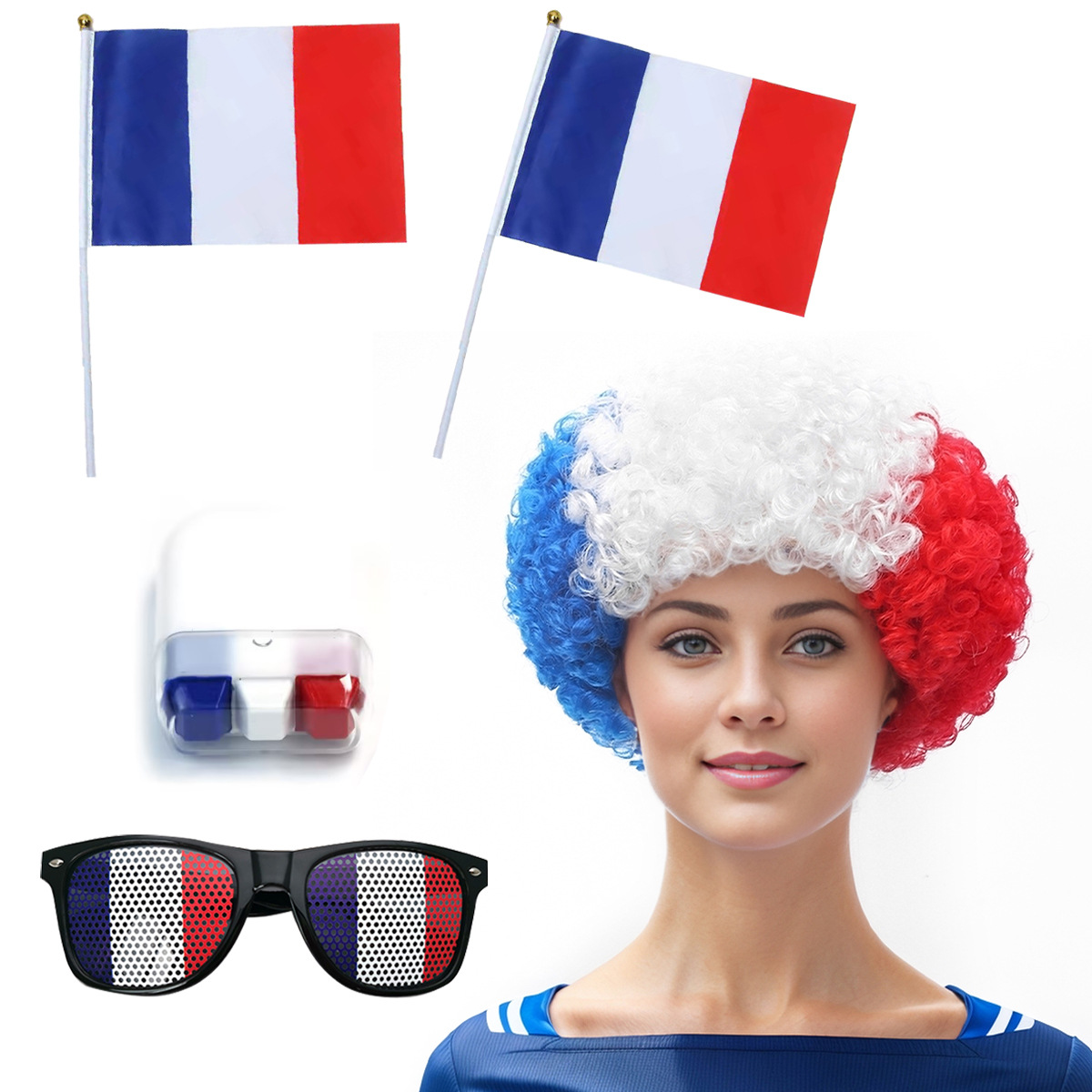 欧洲杯世界法国旗色球迷拉拉队假发配件欧美爆炸头套狂欢节日礼品