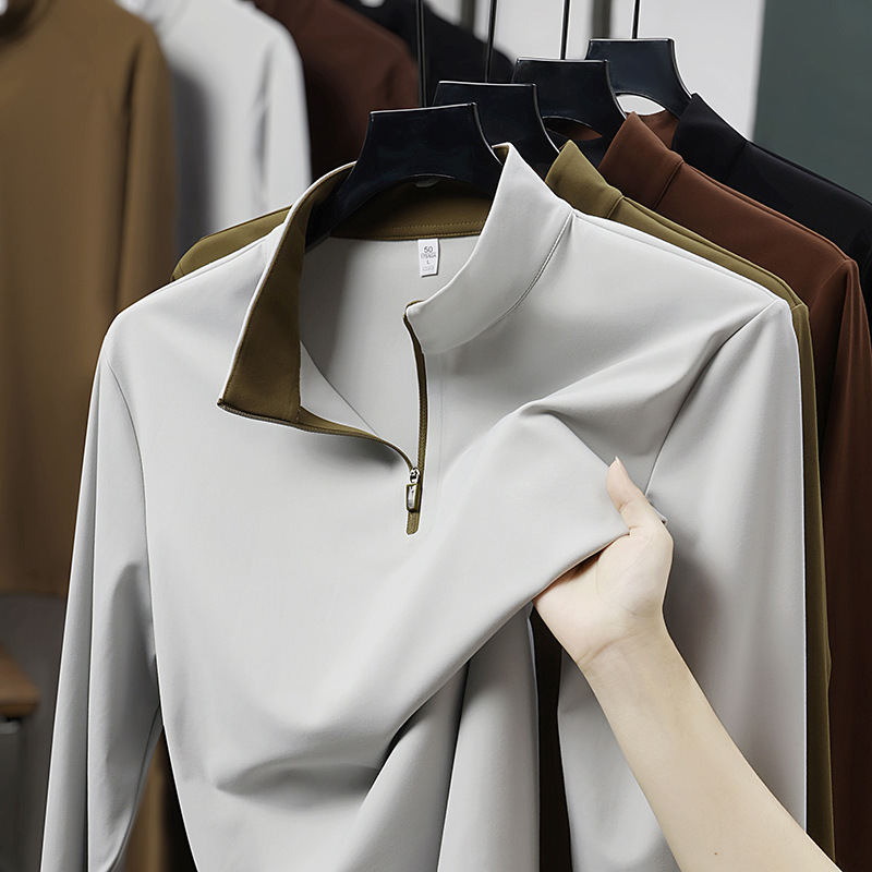 7A Antibacterial Men's Seamless Laminated Half-Zip No-Iron Long-Sleeved High-Neck Polo Shirt Simple and Versatile Casual Sweatshirt