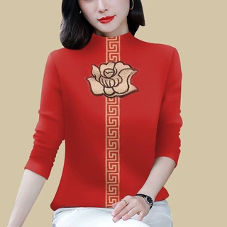 清仓妈妈装中老年女装加绒加厚长袖立领打底衫时尚洋气红色上衣