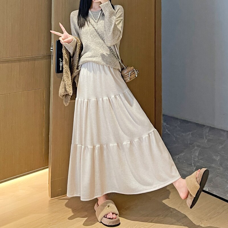 垂感针织泡泡褶皱半身裙女秋冬季新款纯色过膝长款蛋糕裙针织裙子|undefined