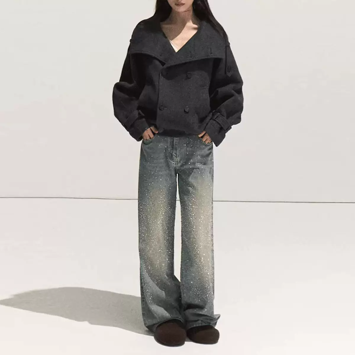 现货 投降的星星 秋冬爆闪立体水钻纯棉做旧水洗直筒显瘦牛仔裤子