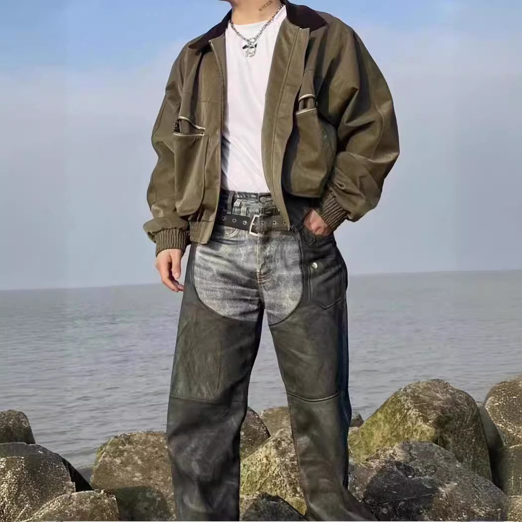 Moška oblačila, retro obrabljene modre in črne potiskane hlače s pasom, trendovska blagovna znamka, spot high street_voghion.com