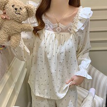 睡衣女带胸垫春秋季薄款云朵棉花边长袖甜美碎花公主风家居服套装