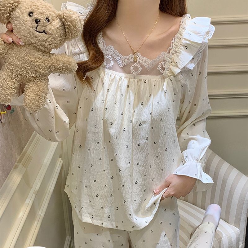 睡衣女带胸垫春秋季薄款云朵棉花边长袖甜美碎花公主风家居服套装