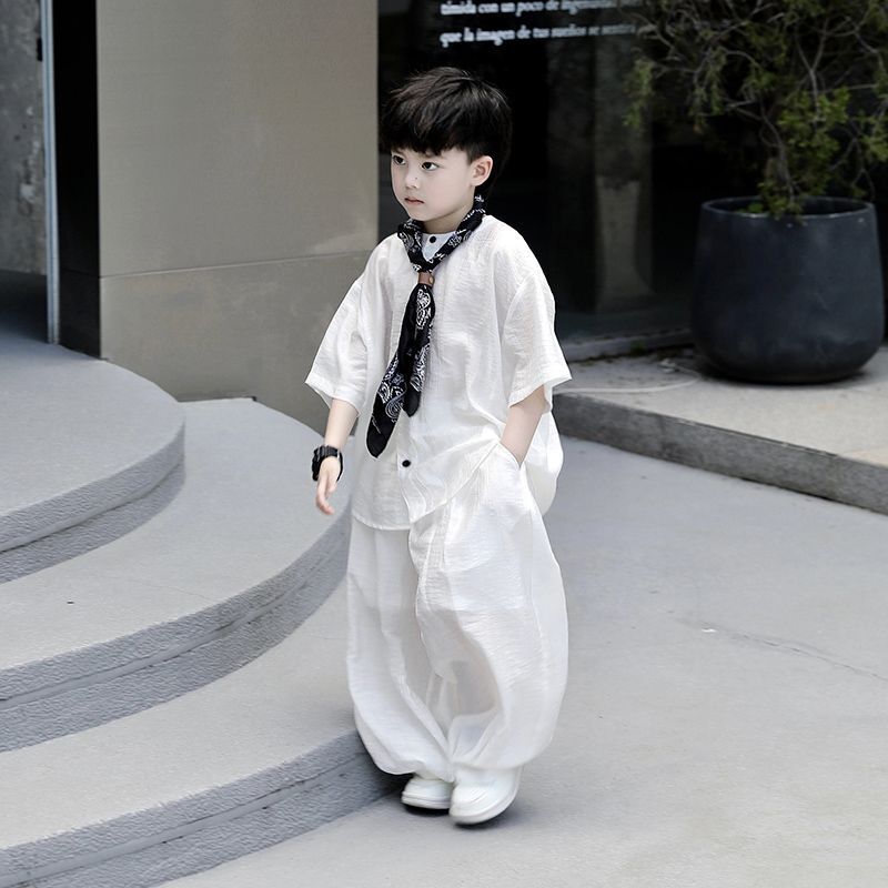Boys' New Chinese-Style Tang Suit Summer Clothing, New Children's Chinese-Style Hanfu, Kids' Thin Shirt Set