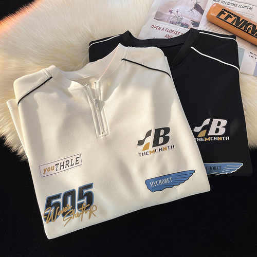 Half-zip short-sleeve polo shirt for men, summer loose American retro t-shirt, niche trendy brand, fashion pure cotton seven-quarter sleeve