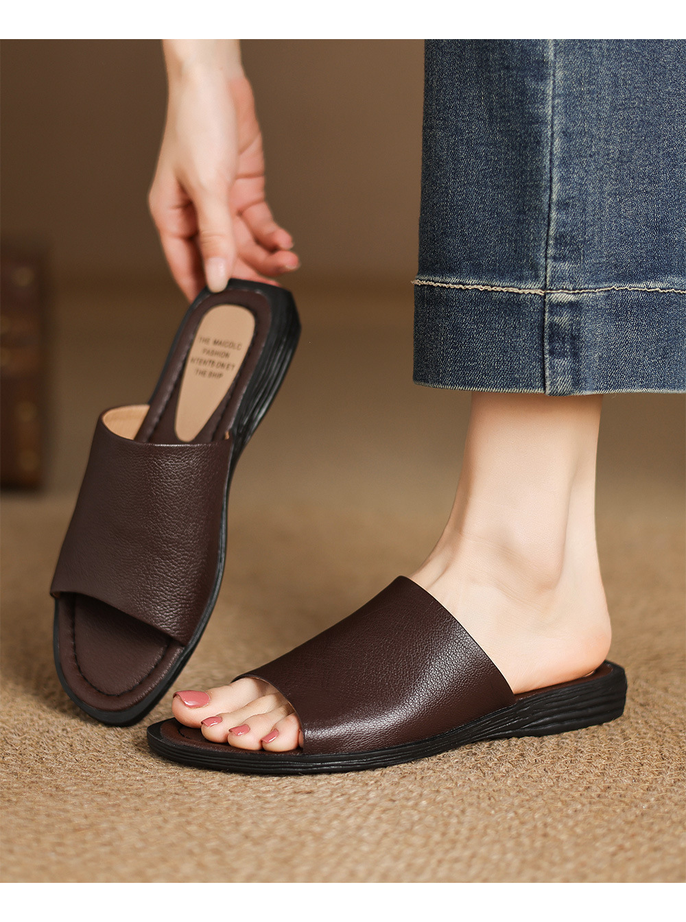 Sandal hở mũi nữ gót thấp da dê mũi vuông quai ngang — màu nâu chi tiết 14