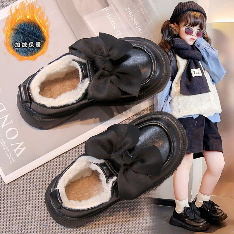 Girls' Cotton Small Leather Shoes Bow Leather 2024 Winter New Fashion Warm Dancing Shoes for Middle and Big Children