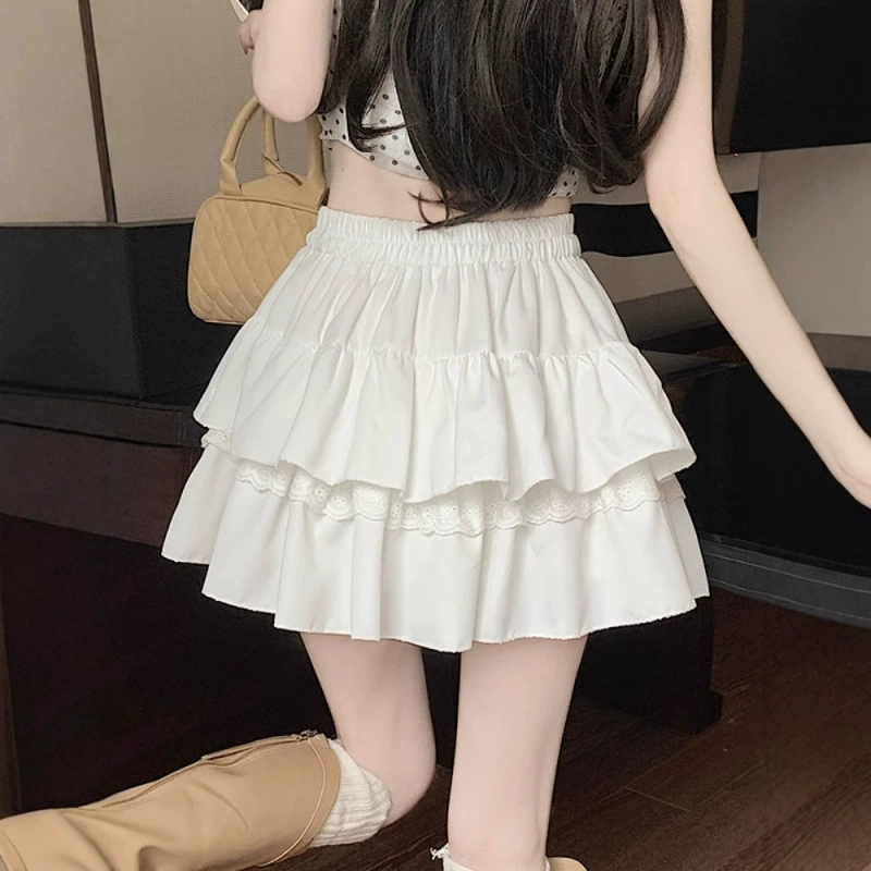 Белая кружевная юбка-пирожок для женщин, лето 2025, новая высокая талия, силуэт А-силуэта, балетный стиль, пышная плиссированная юбка