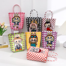 卡通布布编织手提包 多巴胺大容量手工塑编包 拼色休闲格子编织包