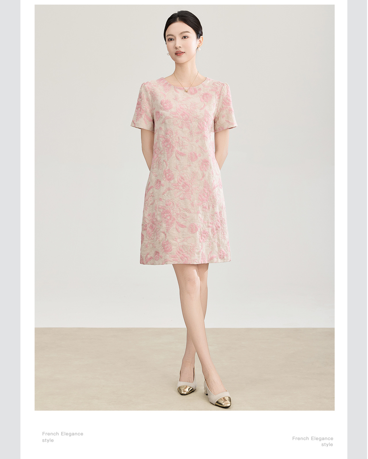 Đầm chữ A thêu jacquard tay ngắn mùa xuân hè — xanh lam chi tiết 8