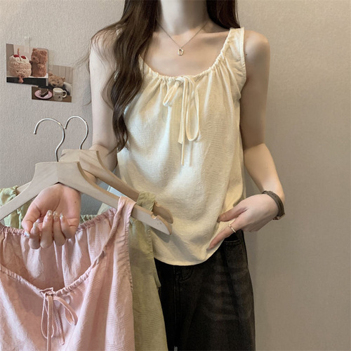 Pure Desire Camisole Sleeveless Vest Women Summer Thin Women's Drawstring Round Neck Slim Fit Short Top Small Shirt Women