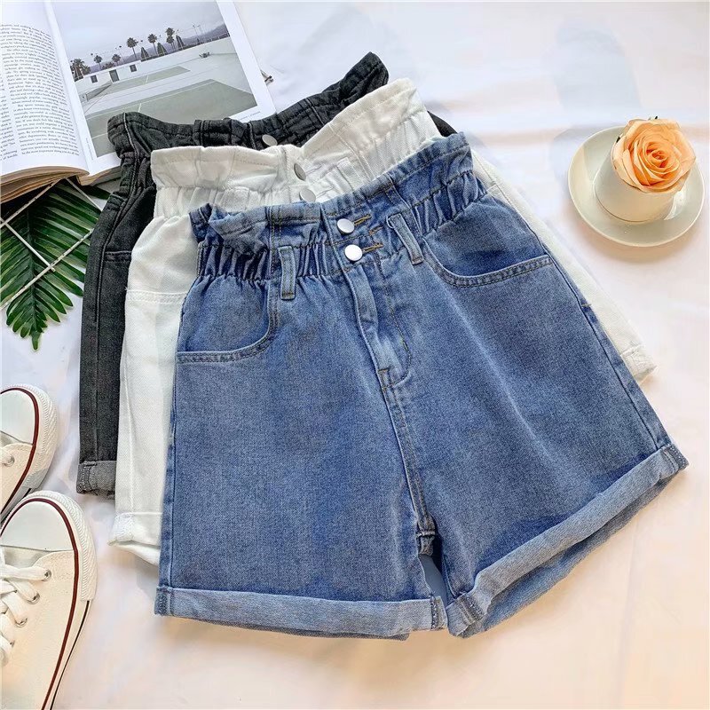 Retro Nostalgic plus size Denim Shorts Women's Autumn and Summer Staggy Waist Korean Style Slim Look Loose Wide Leg A- shaped Hot Pants