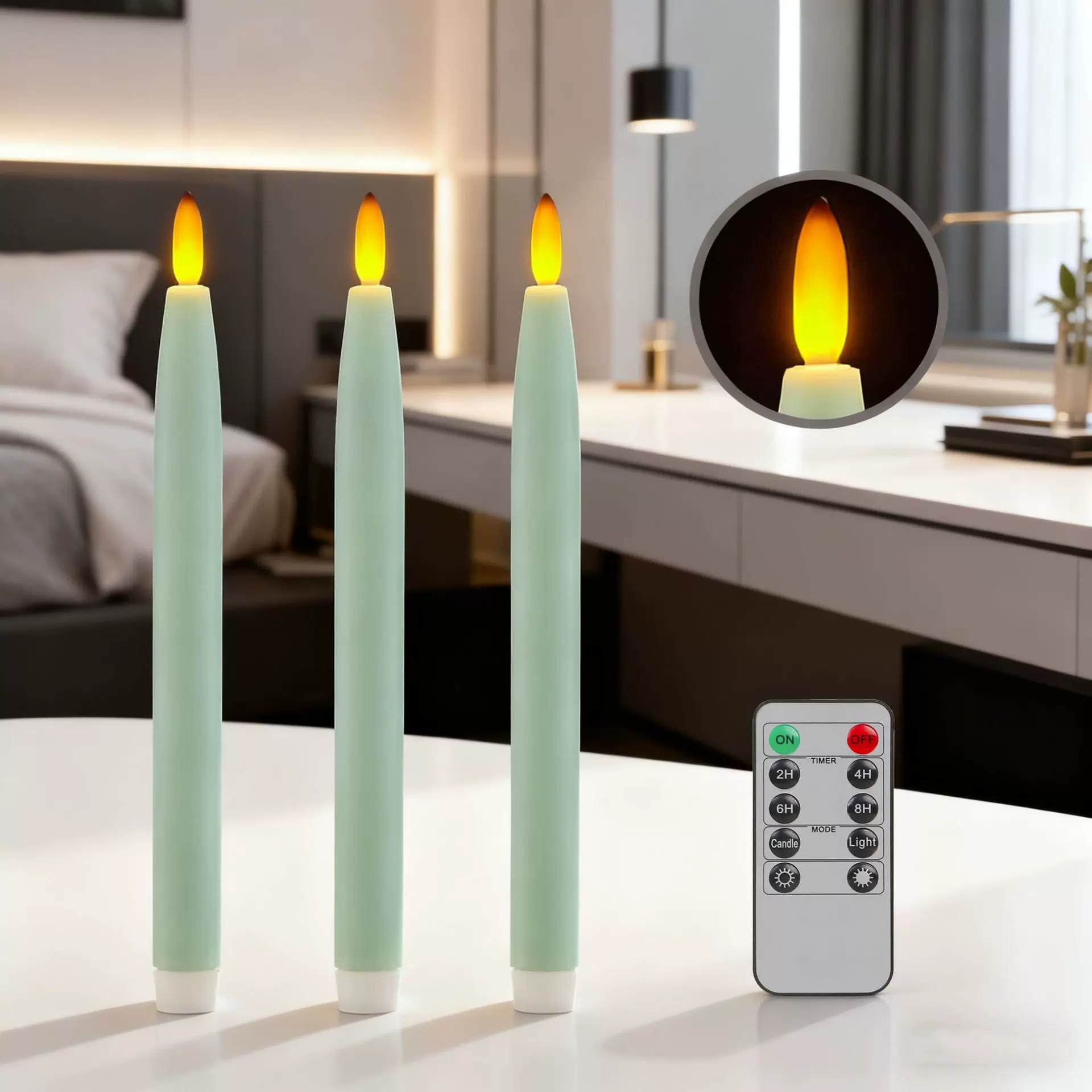 跨境浅绿色电子蜡烛生日祈祷无火焰led电子蜡烛灯闪烁模式AA电池
