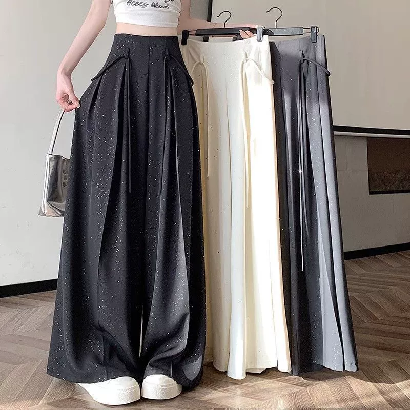 Корейские тонкие блестящие костюмы повседневные брюки женские большие размеры широкие ножки юбки с высокой талией и тонкими свободными штанами