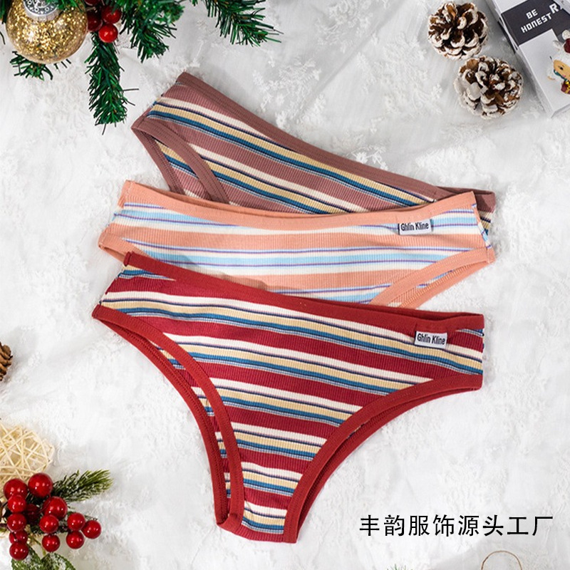 Pure Desire Atmosphere Christmas Women's Underwear 95% Cotton Antibacterial Breathable Mid-Waist Comfortable Striped Seamless Thong Antibacterial