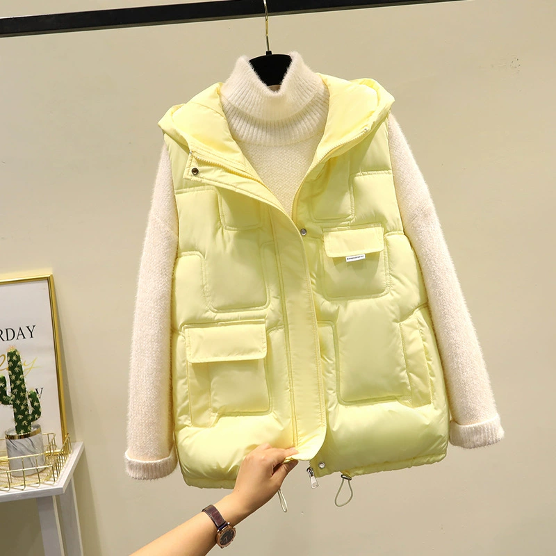 2023 новый стиль с капюшоном однотонный простой верхний пуховый хлопковый жилет короткий щедрый толстый теплый весенне-осенний жилет прилив