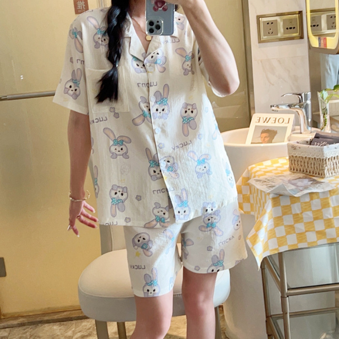 睡衣女夏季梭织泡泡棉皱布ins公主风可爱短袖夏天薄款家居服套装|undefined