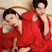 情侣睡衣春季冰丝丝绸蕾丝拼接婚礼套装高级感结婚喜庆家居服轻奢