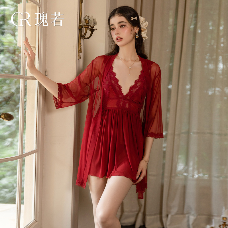 Sultry and alluring deep V-neck lace mesh nightgown with open back and slit, home wear robe 725 Sultry and alluring deep V-neck lace mesh nightgown with open back and slit, home wear robe 725