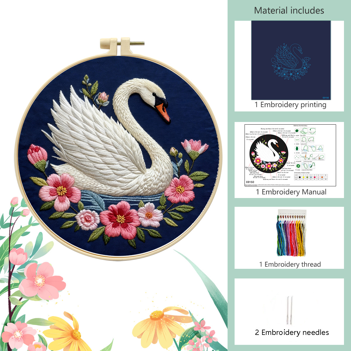 Flor hecha a mano patrón bordado DIY material paquete de cisne blanco creativo bordado de animales tela colgante principiante