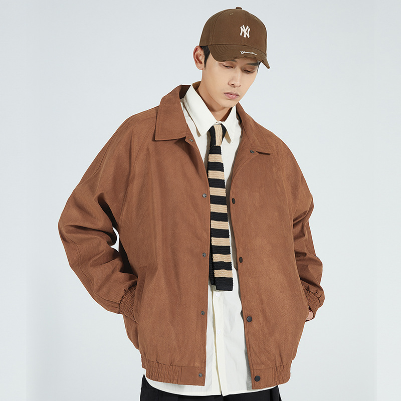 2026 chaqueta suelta de color sólido hombre de otoño chaqueta de entrenador de cuero casual de hebilla única camiseta top pareja base